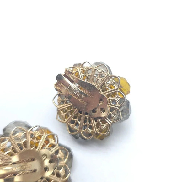 Vintage Castlecliff Amber Gray Crystal Cluster Clip-On Earrings - Picture 4 of 5